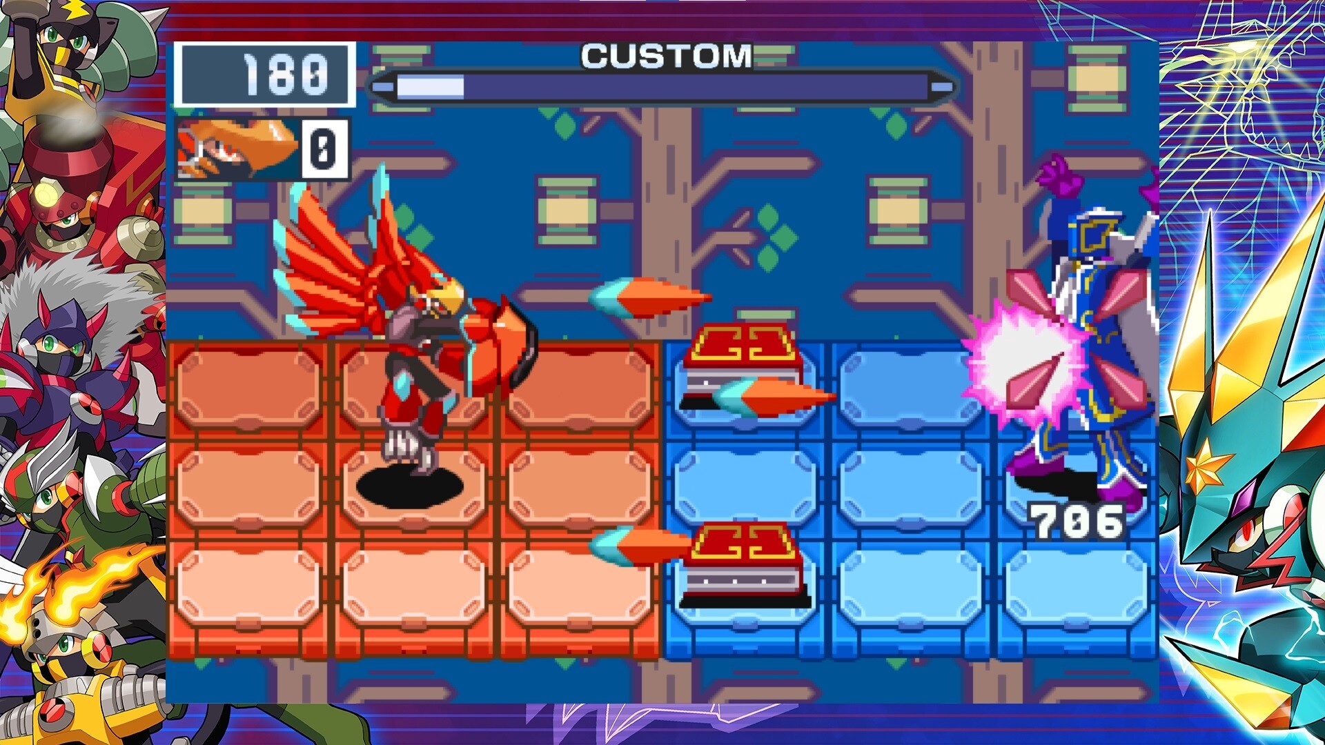 BN6 Beast Out: MegaMan transformed into Falzar Beast Out form, with feathered wings and aggressive pose, in mid-combat
