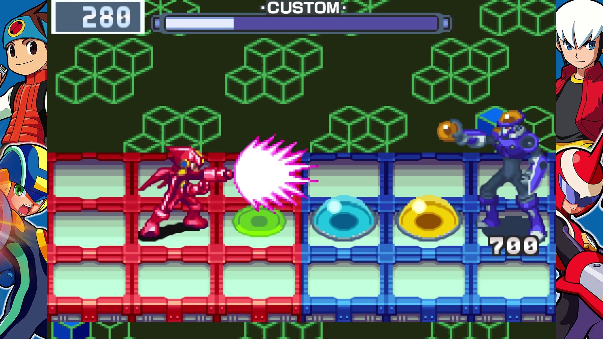 BN combat with grass and broken panels visible, MegaMan in his Beast Out form