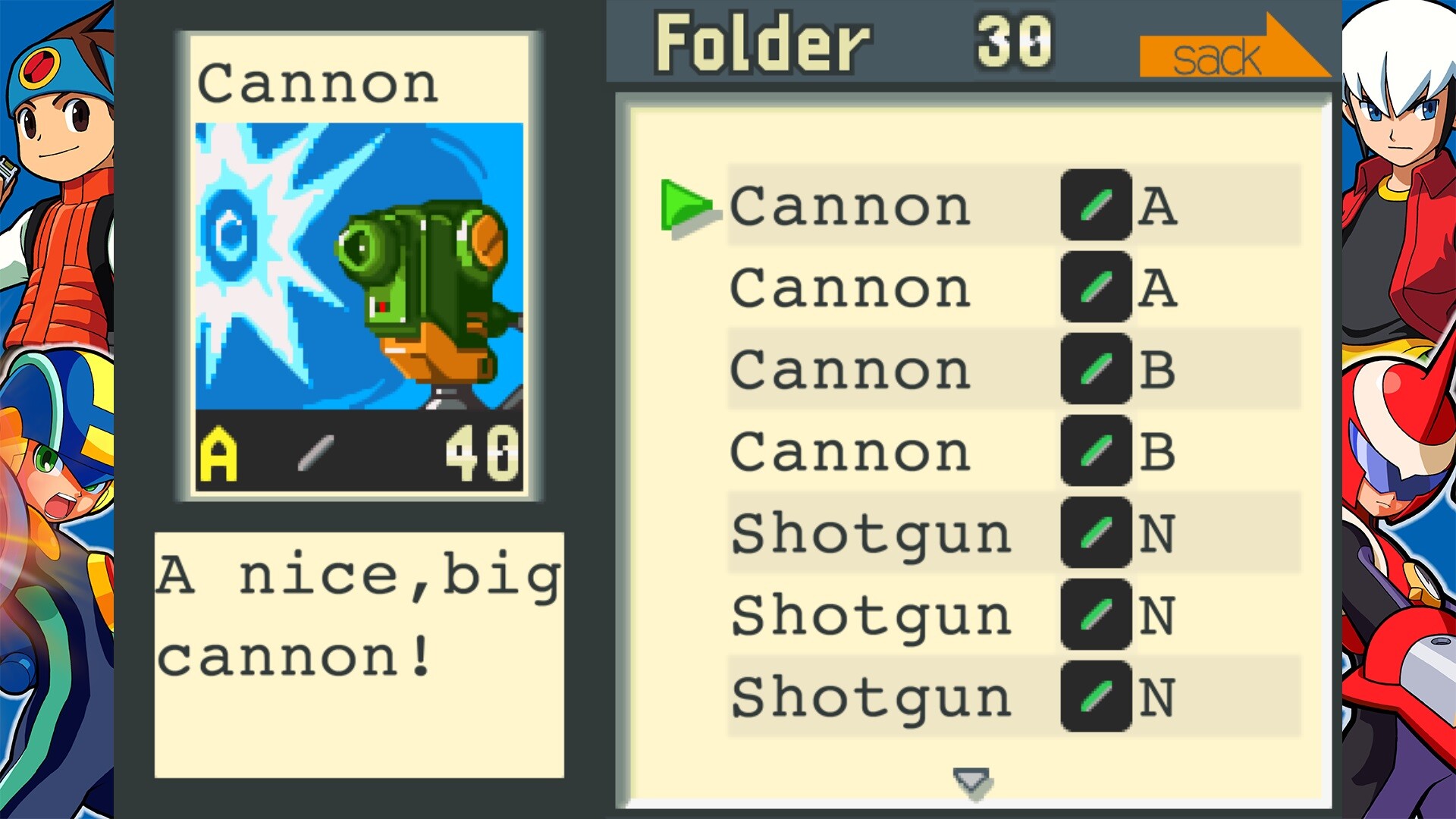 Folder edit screen showing Cannon A (×2), Cannon B (×2), Shotgun N (×3) and a chip preview tile reading "A nice, big cannon!"