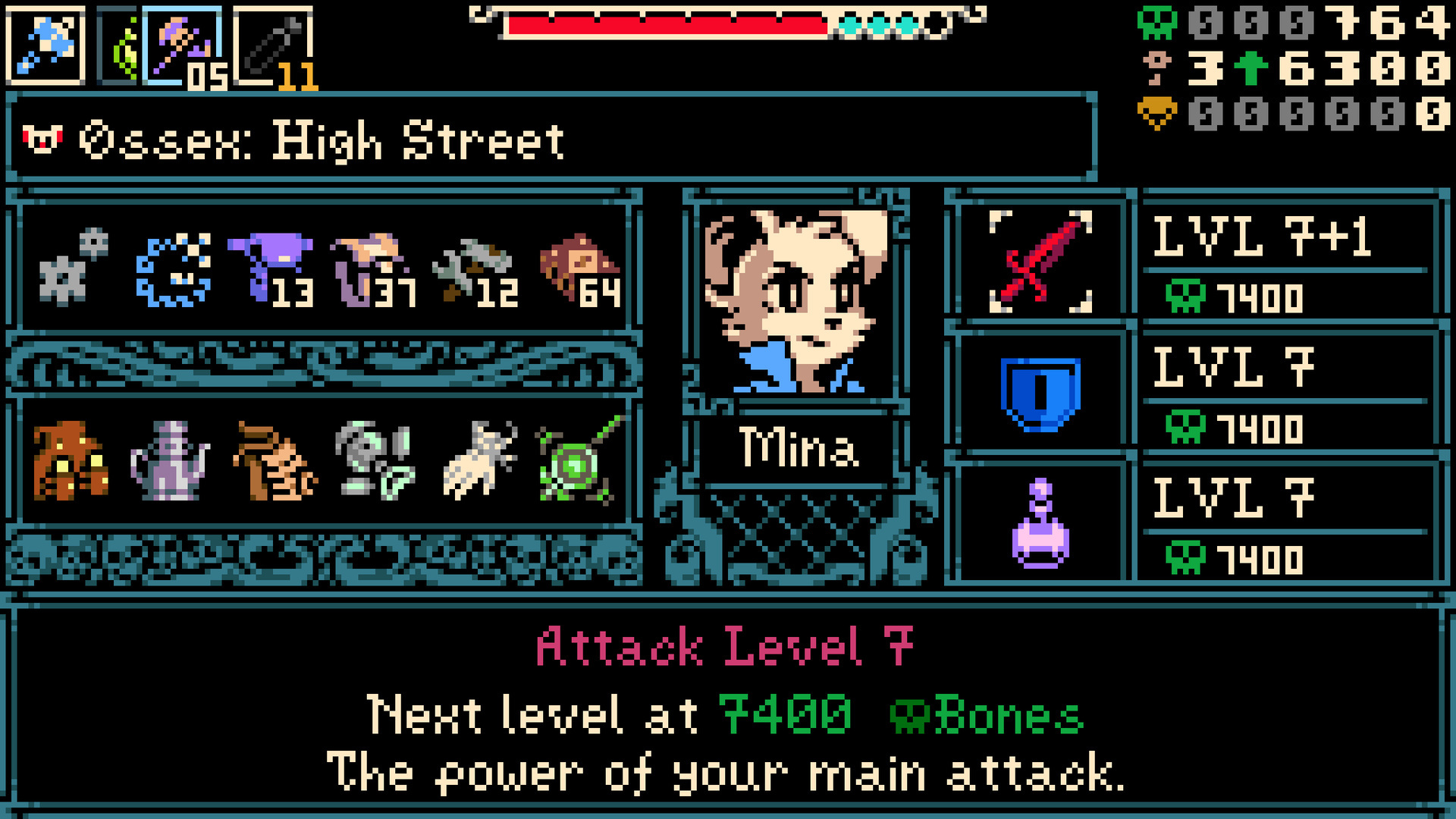 Character screen detail: "Attack Level 7 / Next level at 7400 Bones / The power of your main attack"