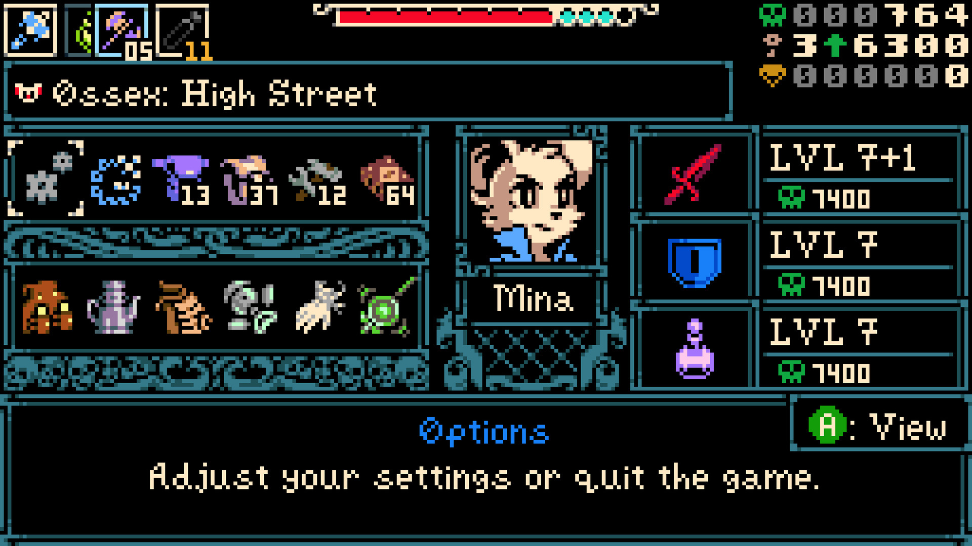 The character screen at Ossex: High Street, showing three upgrade tracks (Attack LVL 7+1, Shield LVL 7, Plasma Vial LVL 7), each "7400 Bones" to the next level