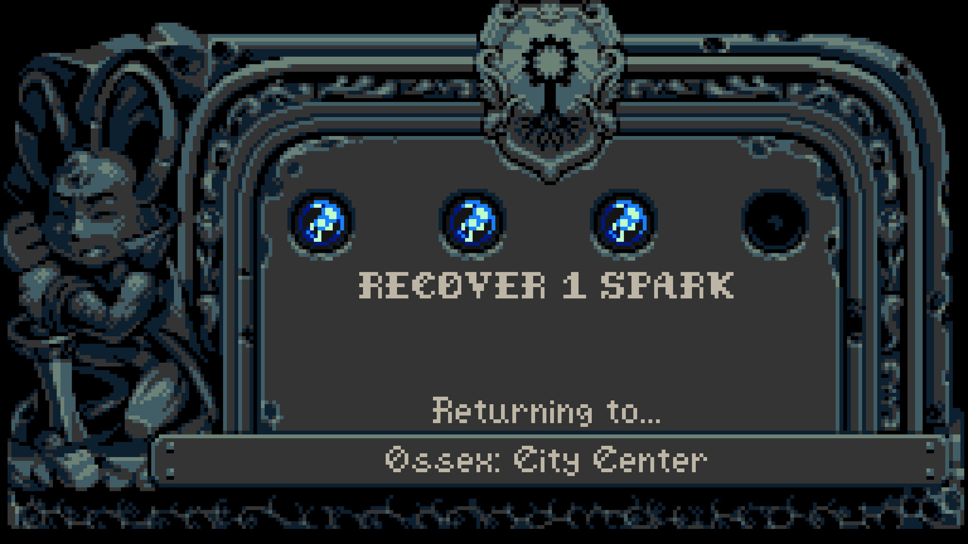 The death screen: "RECOVER 1 SPARK / Returning to… Ossex: City Center", three blue Sparks above a kneeling Hollower statue