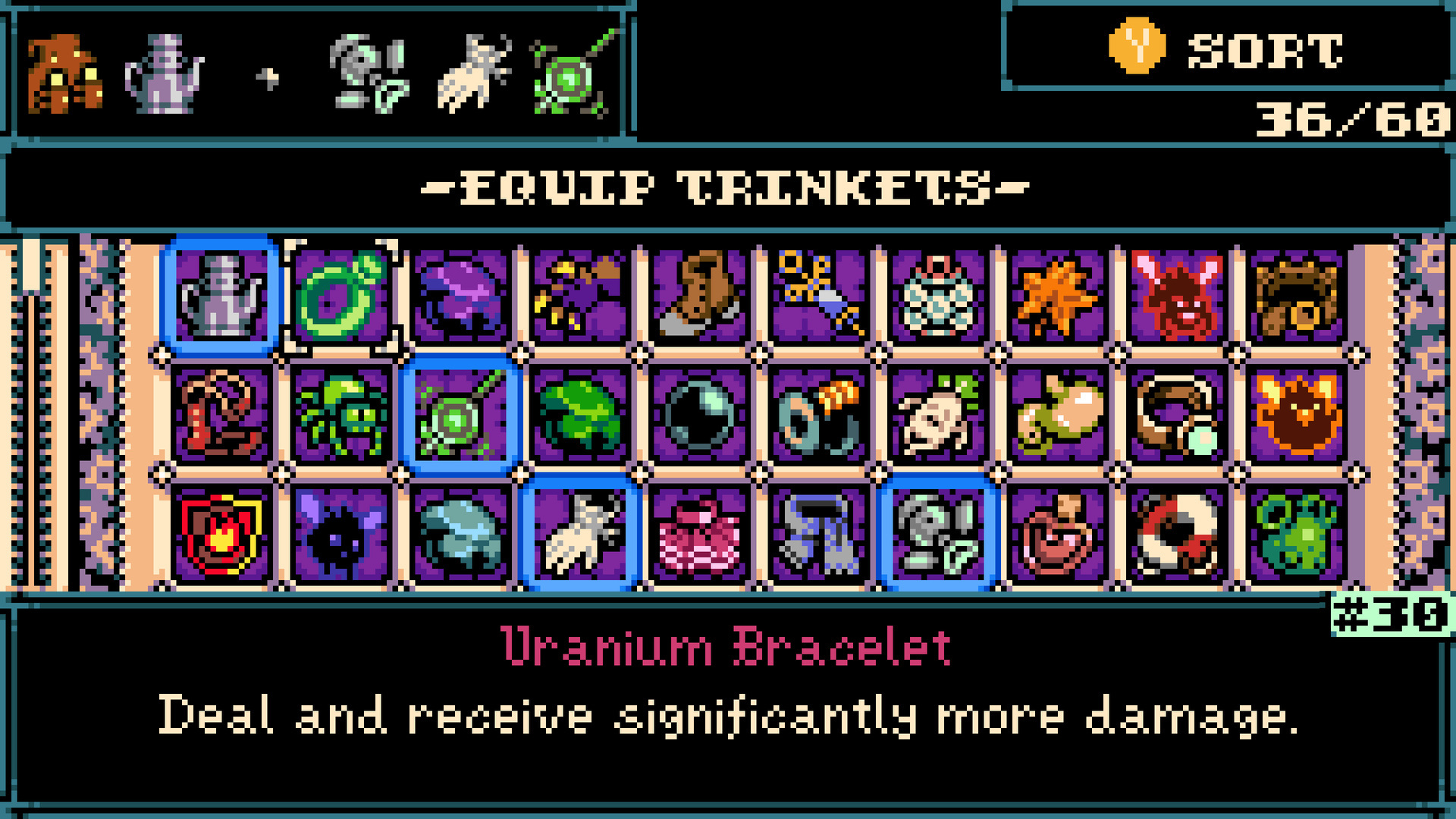 The Equip Trinkets grid, 36 of 60 collected, with the Uranium Bracelet selected: "Deal and receive significantly more damage"