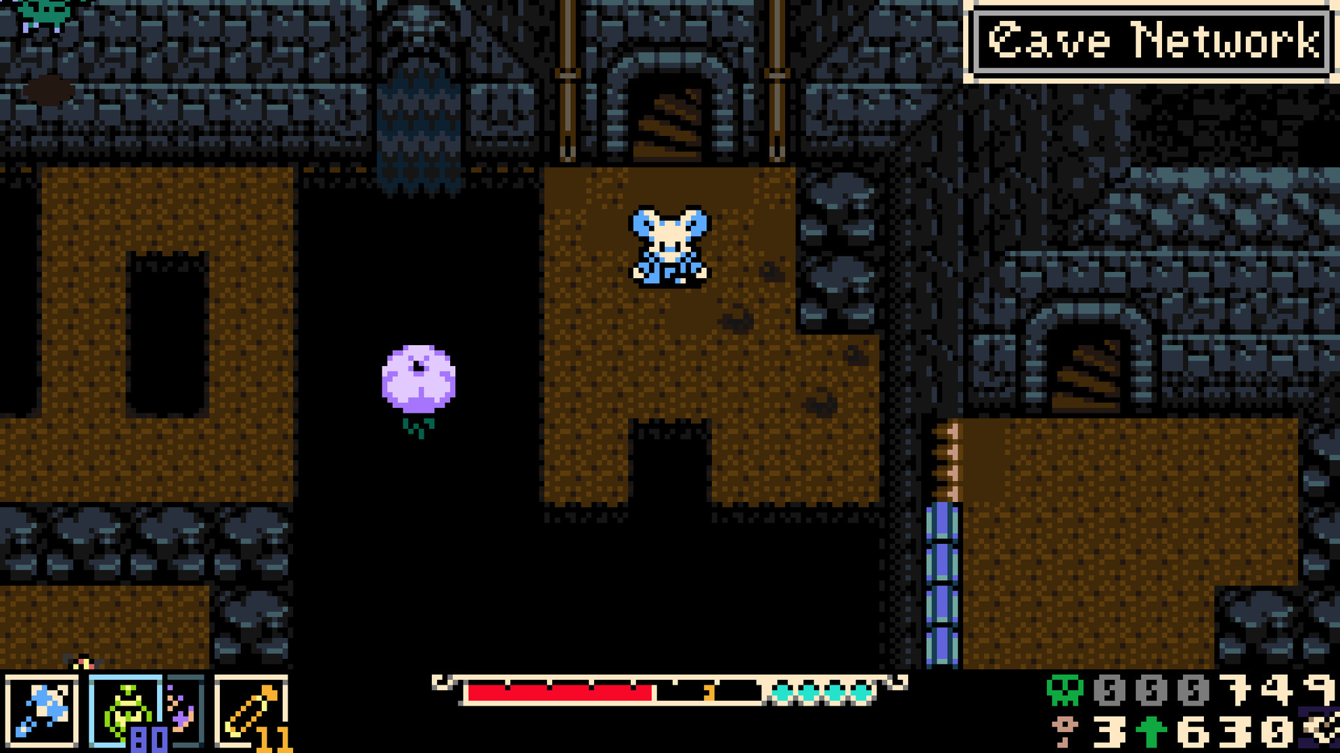 Mina the Hollower, Mina mid-burrow in a gothic Cave Network dungeon