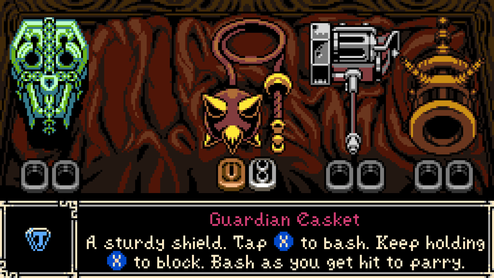 Loadout select showing the Guardian Casket shield: "Tap B to bash. Keep holding B to block. Bash as you get hit to parry."
