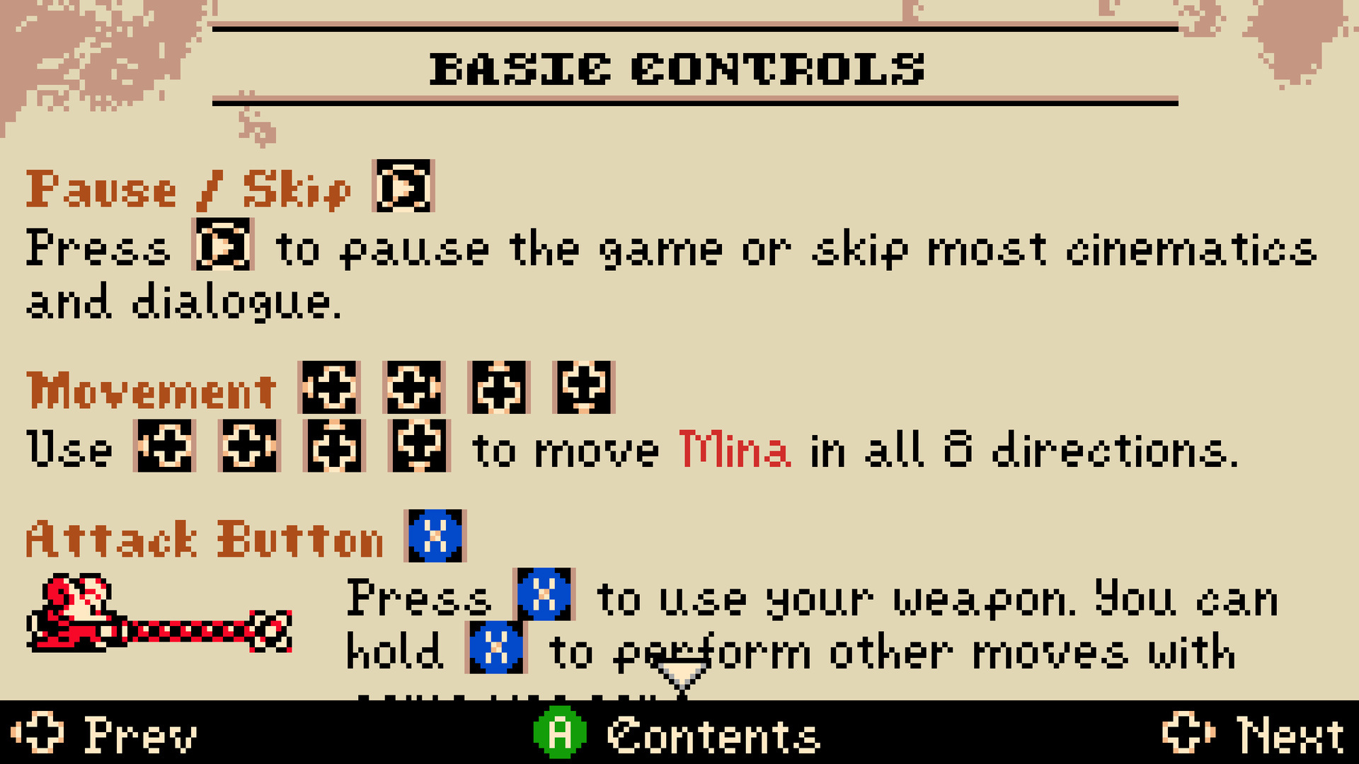 The manual's Basic Controls page: 8-direction movement, the attack button, and the note that holding attack performs other moves