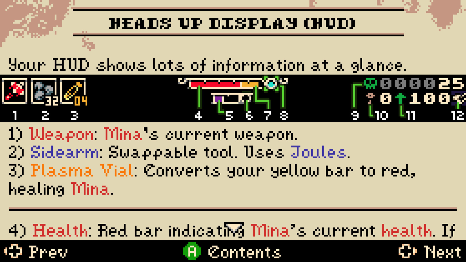 The manual's HUD legend: 1) Weapon, 2) Sidearm (uses Joules), 3) Plasma Vial (converts yellow bar to red, healing), 4) Health