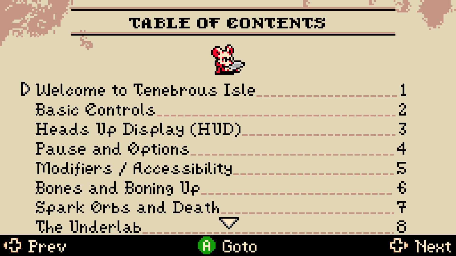 The in-game manual's table of contents, listing "Bones and Boning Up", "Spark Orbs and Death", and "The Underlab" as core topics