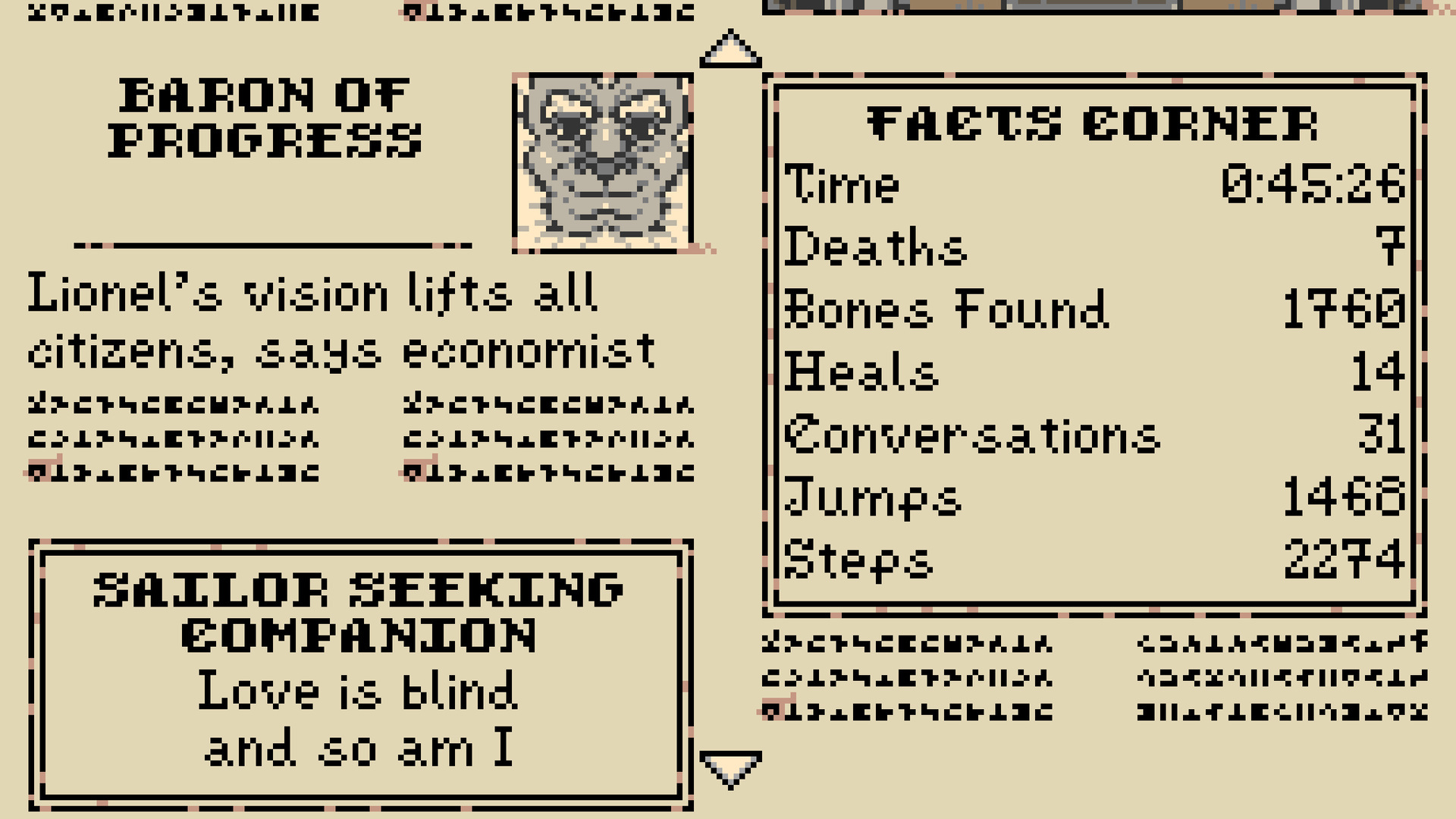 Newspaper "Facts Corner" sidebar listing run stats: Time 0:45:26, Deaths 7, Bones Found 1760, Heals 14, Conversations 31, Jumps 1468, Steps 2274