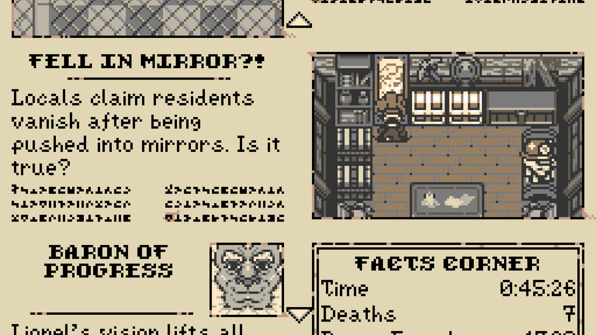 Newspaper interior: "Fell in Mirror?!" story over blocks of substitution-cipher glyphs