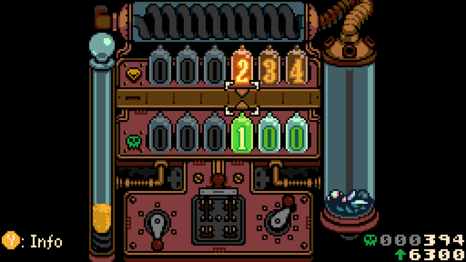 A nixie-tube counter/vault contraption puzzle, dials showing "234" and "100"