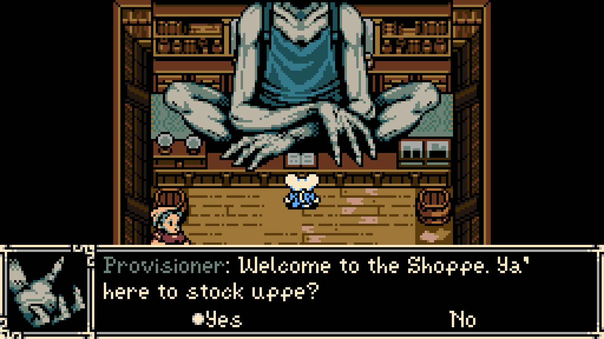 A Provisioner shop, a towering ghoul shopkeeper looming over Mina: "Welcome to the Shoppe. Ya' here to stock uppe?"
