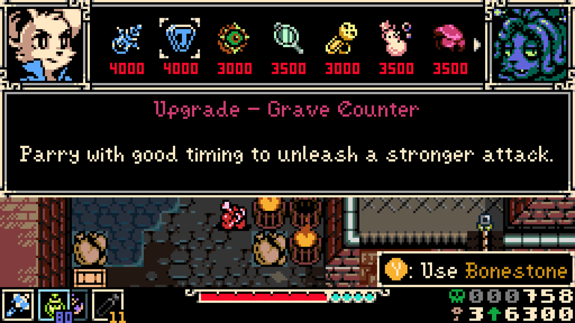 A vendor's wares with Bonestone prices, selling "Upgrade: Grave Counter: Parry with good timing to unleash a stronger attack"; prompt reads "Y: Use Bonestone"