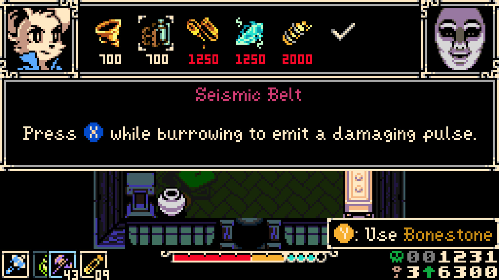 A sidearm vendor selling the Seismic Belt: "Press B while burrowing to emit a damaging pulse"