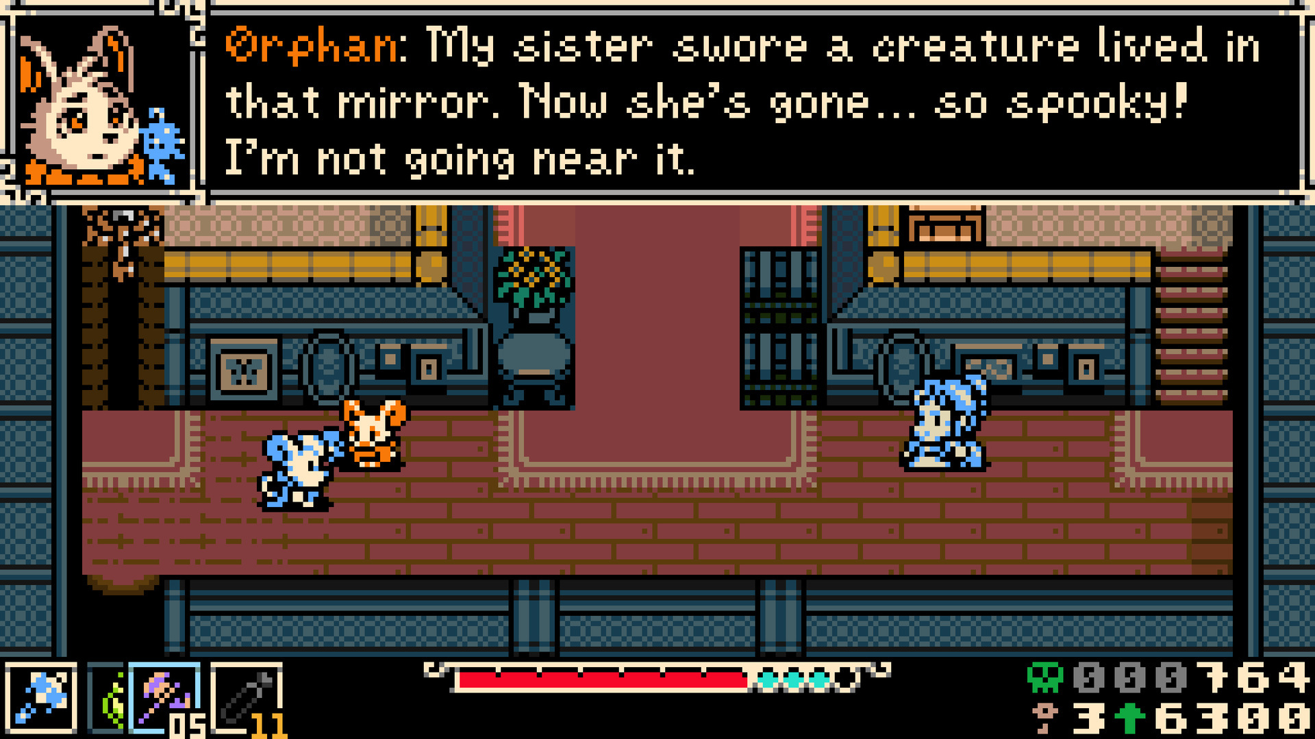 Town dialogue: an Orphan NPC: "My sister swore a creature lived in that mirror. Now she's gone… so spooky! I'm not going near it."