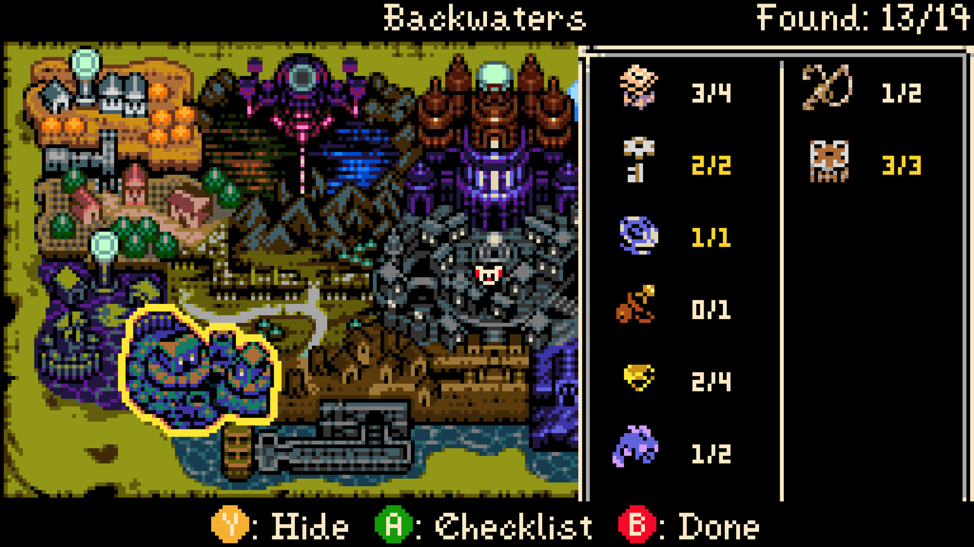 Region map, Backwaters, "Found 13/19" with a right-hand checklist of collectible categories (3/4, 2/2, 1/1, 0/1, 2/4, 1/2…)