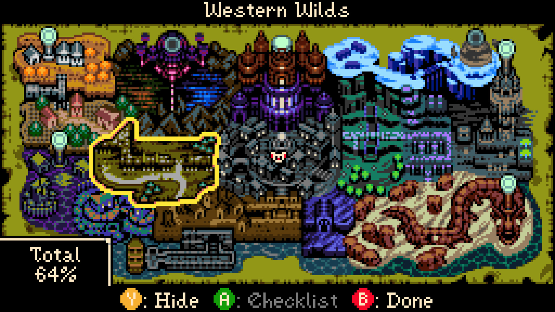 The world map of Tenebrous Isle, Western Wilds region highlighted, "Total 64%" completion, a central blighted citadel