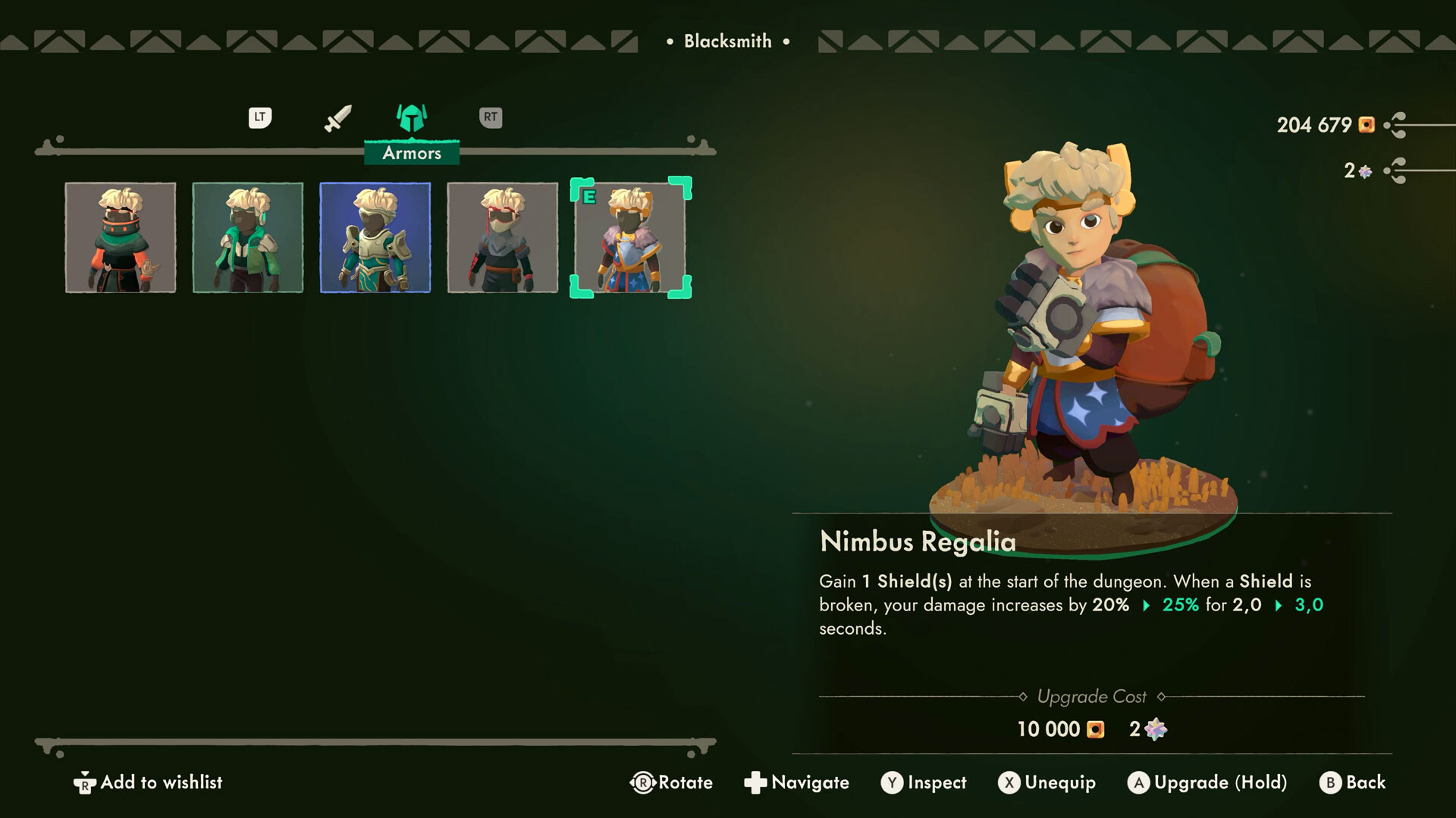 Blacksmith armor selection with Will modeling Nimbus Regalia armor