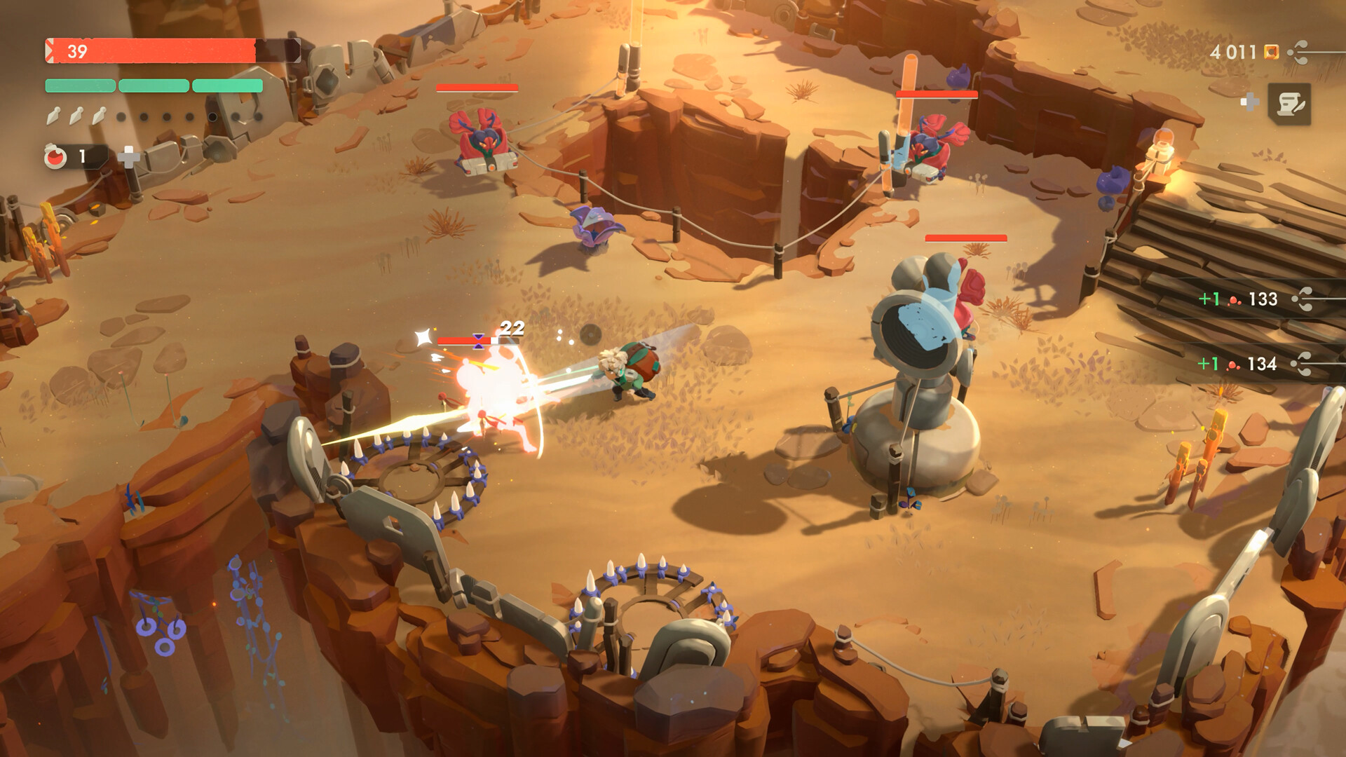 Top-down 3D combat in a desert biome with multiple enemies and a sword strike
