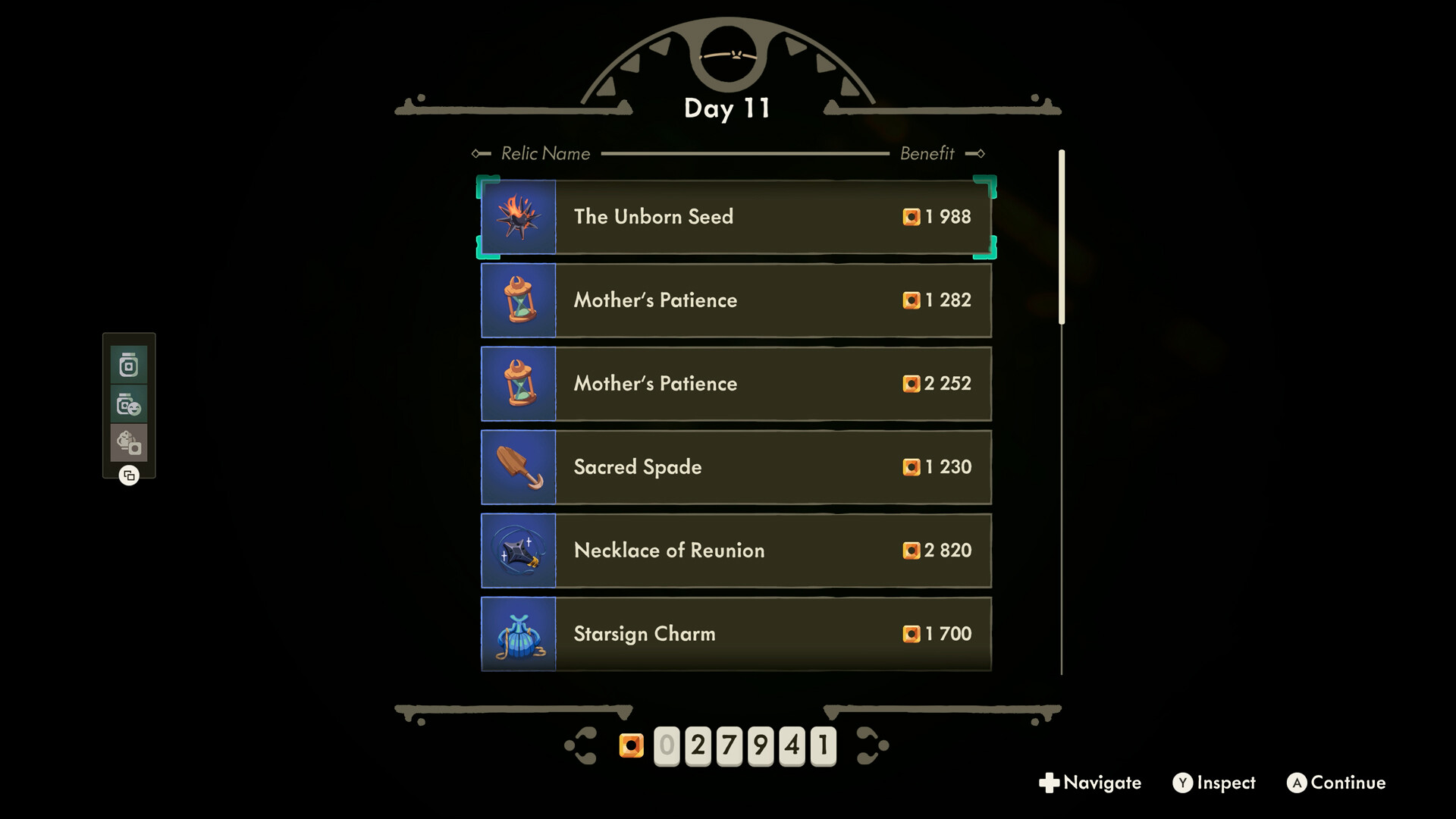 Day 11 end-of-day summary listing each relic sold and its sale price