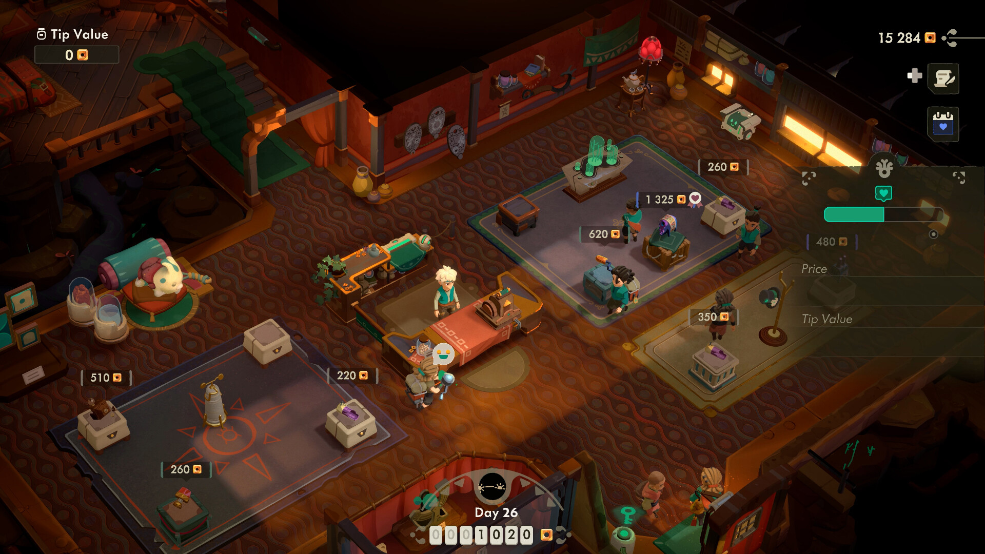 Active shop with browsing customers, price tags above relics, "Day 26" counter