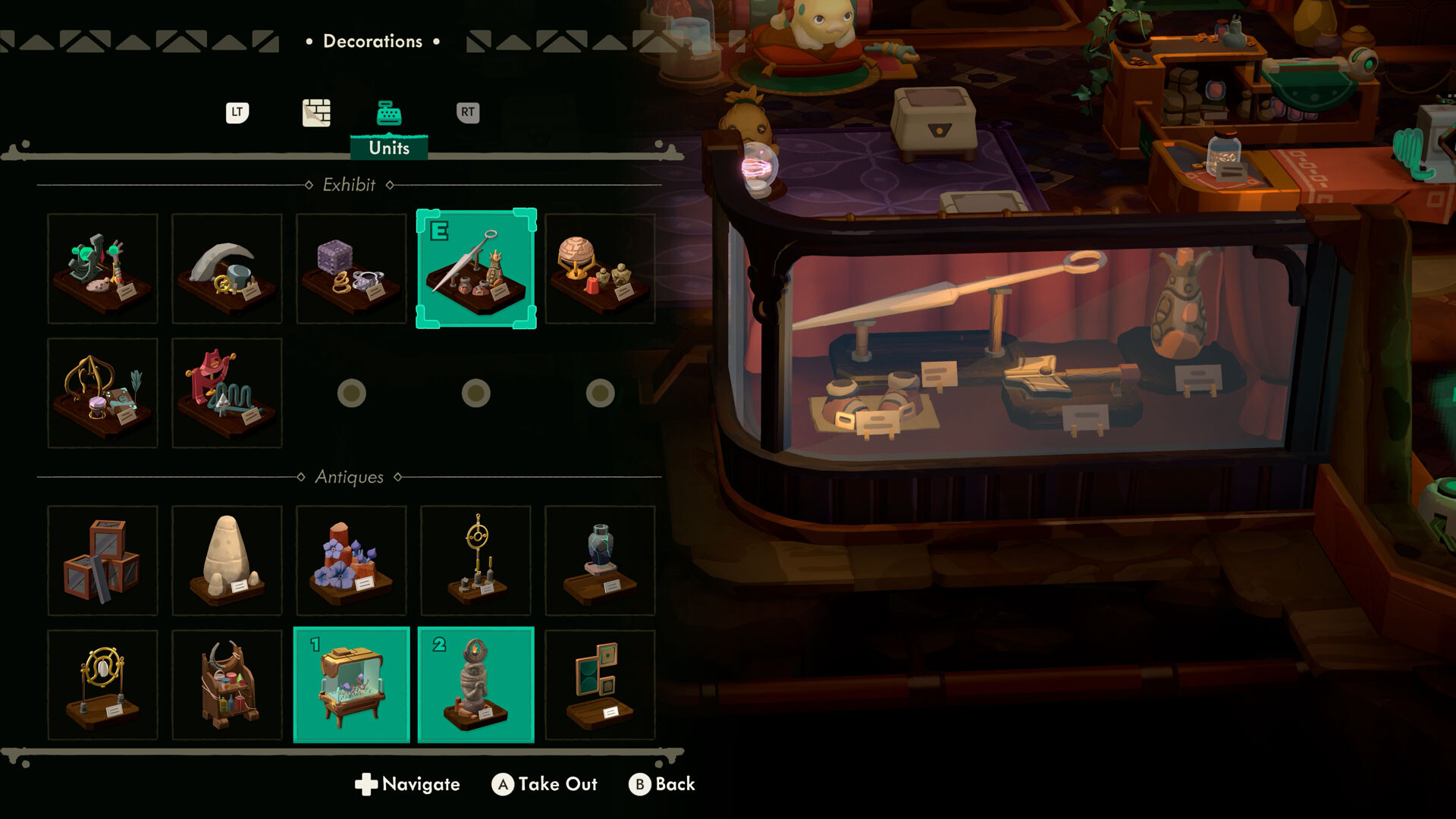 Decorations menu — Exhibit / Antique furniture selection screen