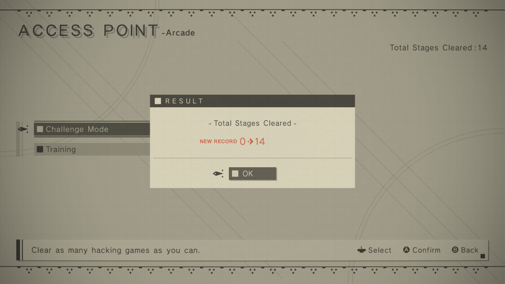 Access Point → Arcade. A Result modal: "Total Stages Cleared — NEW RECORD 0 → 14". Below the modal, Challenge Mode and Training entries are visible. Bottom: "Clear as many hacking games as you can"