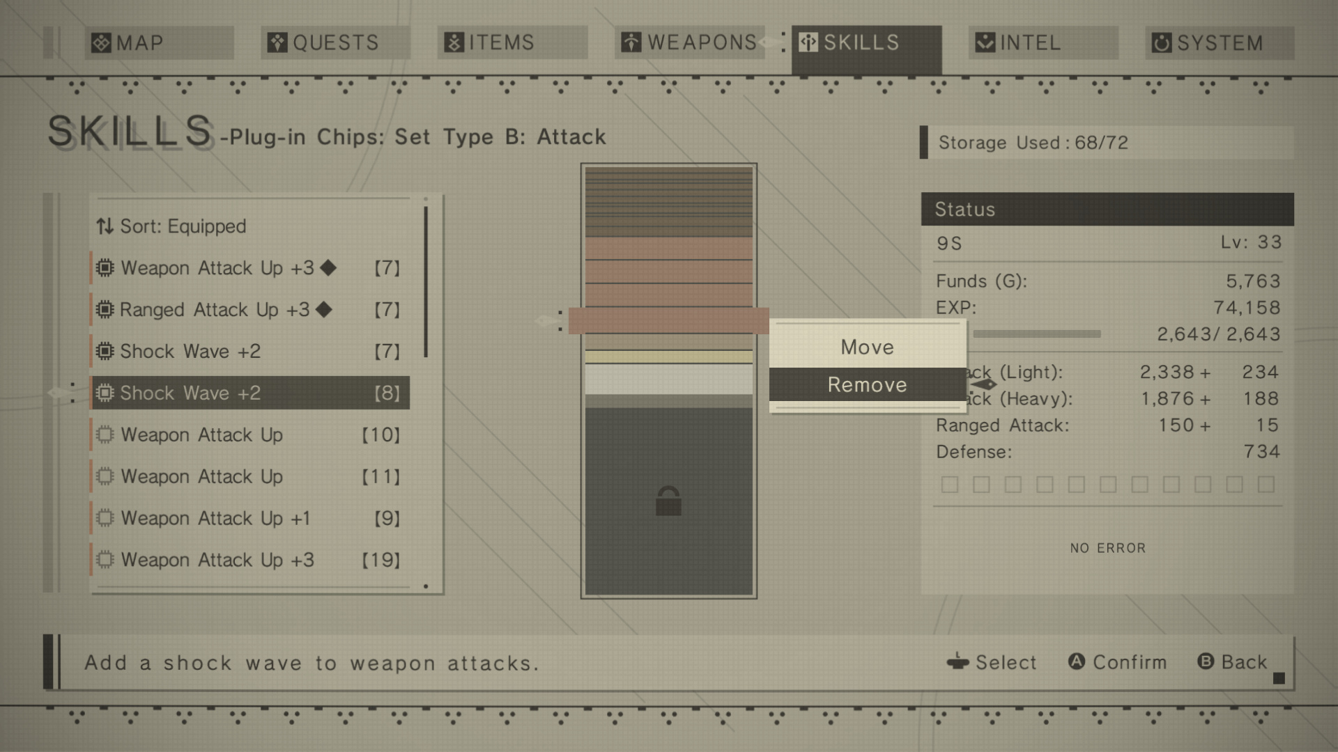 Plug-in Chips → Attack list with the Move / Remove popup open over a Shock Wave +2 [8] chip. Storage Used: 68/72. Same status panel right