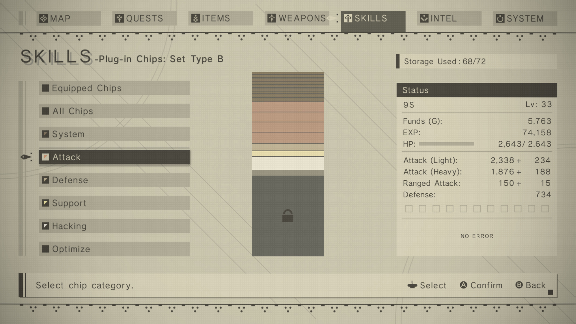 Nier Automata Plug-in Chips configuration screen, Storage Used 68 of 72
