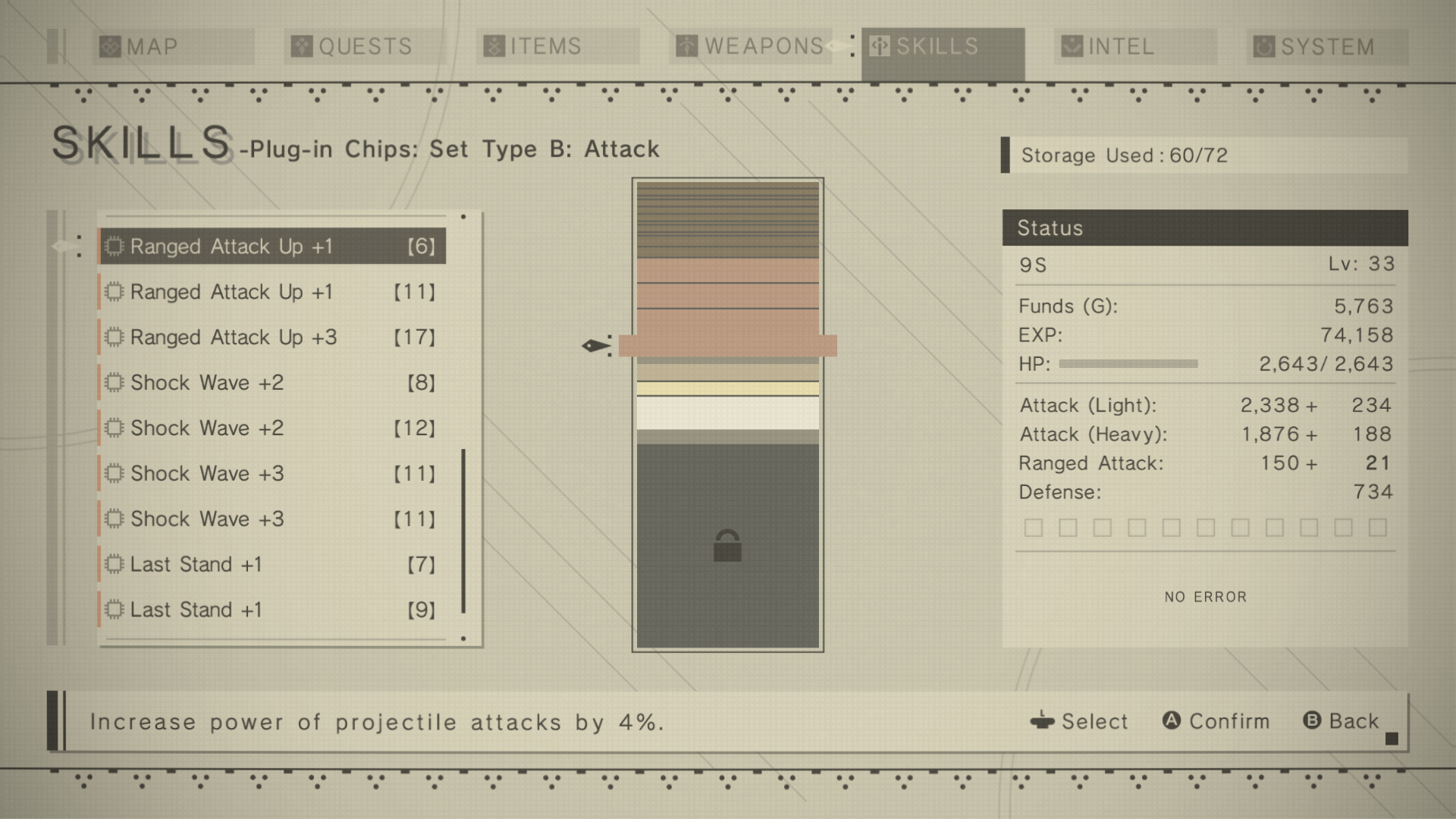 Plug-in Chips → Attack list. Each chip row shows name and storage cost in brackets: Ranged Attack Up +1 [6], Ranged Attack Up +1 [11], Ranged Attack Up +3 [17], Shock Wave +2 [8], Shock Wave +2 [12], Shock Wave +3 [11], Shock Wave +3 [11], Last Stand +1 [7], Last Stand +1 [9]. Tooltip at bottom: "Increase power of projectile attacks by 4%"
