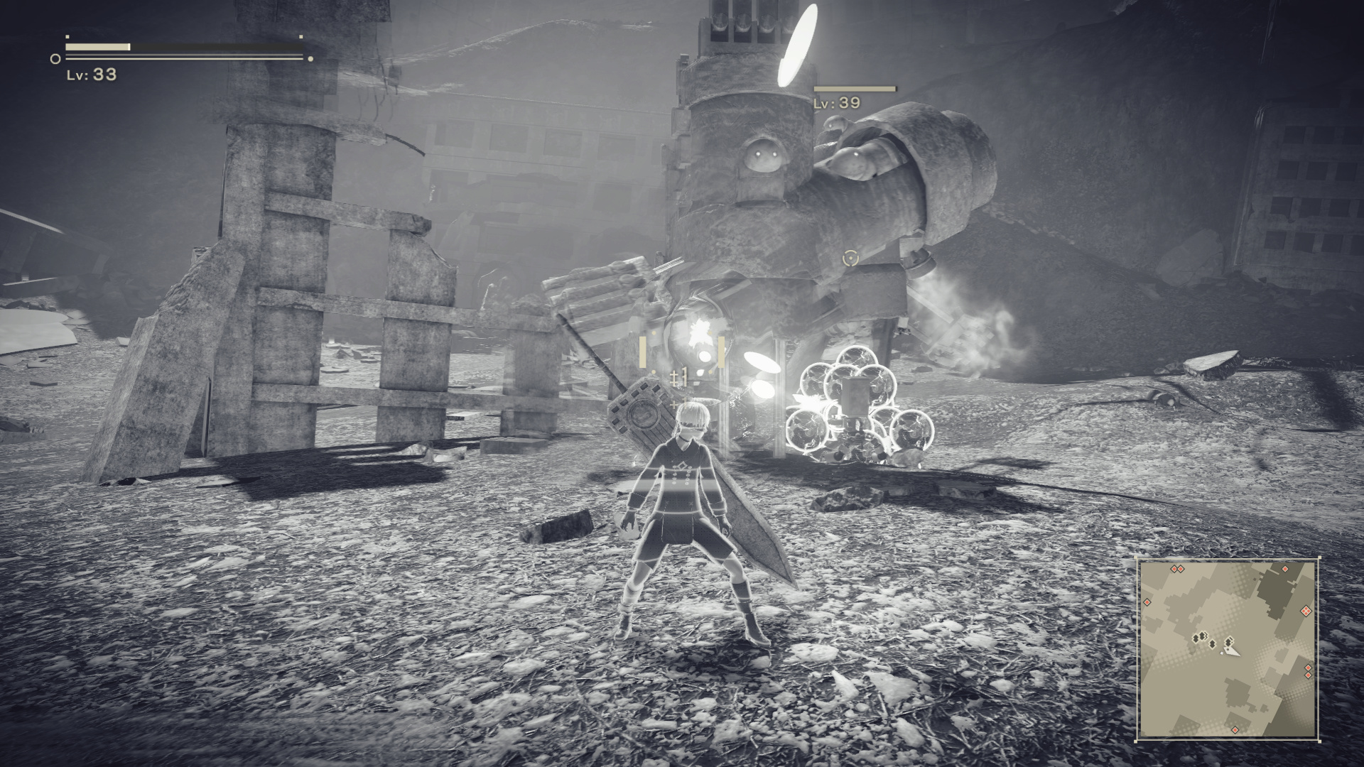 Open-world third-person combat against a Lv 39 machine boss. Player Lv 33 with HP bar top-left, enemy with Lv 39 HP bar top-centre, minimap bottom-right. The character is mid-dash with a +1 hit indicator on the boss