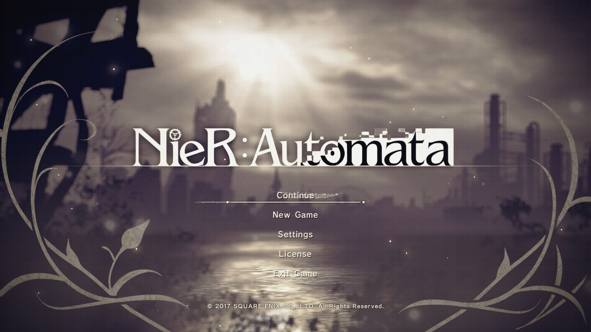 Nier: Automata title screen — silhouetted ruins of an abandoned city, "NieR:Automata" logo with the colon glitched, Continue / New Game / Settings menu