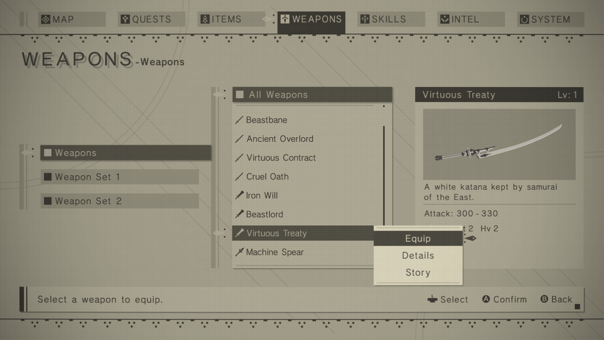 Weapons list with Virtuous Treaty highlighted. Context popup with three options: Equip / Details / Story