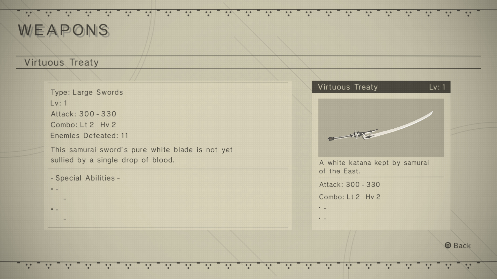 Weapons → Virtuous Treaty Lv 1 detail page. Top-left "WEAPONS" with subheading "Virtuous Treaty". Stats: Type: Large Swords, Lv 1, Attack 300-330, Combo: Lt 2 Hv 2, Enemies Defeated: 11. Below stats, the weapon story line: "This samurai sword's pure white blade is not yet sullied by a single drop of blood." Right panel: small render of the katana, summary "A white katana kept by samurai of the East."