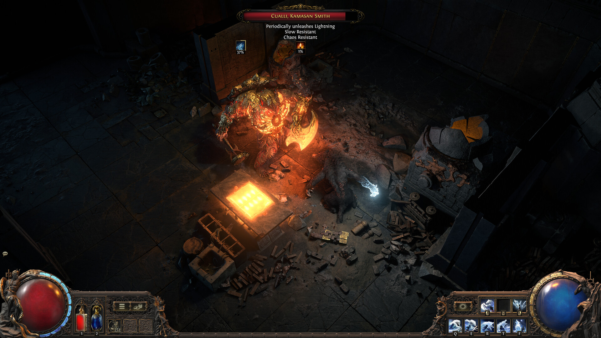 PoE2 Act 1 boss Cualli, Kamasan Smith — close combat with a multi-armed forge boss