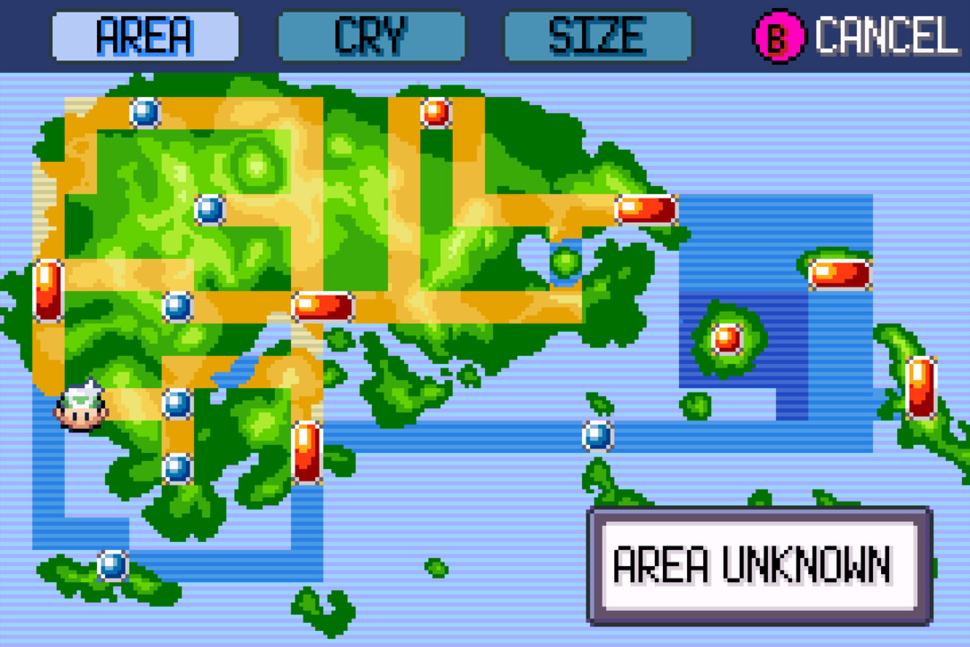 The Hoenn region map — the orange-and-green landmass shaped like Kyushu rotated 90°, with red and blue location markers (some red, some blue, some both)