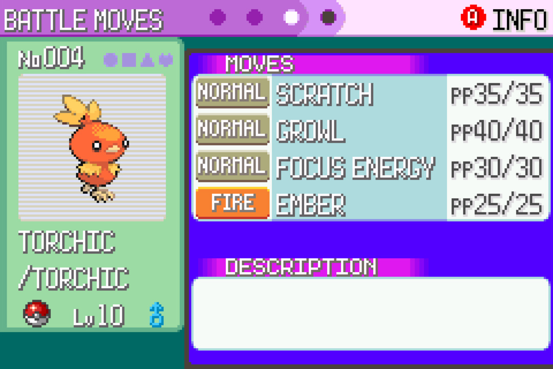 Pokémon battle moves — Torchic with 4 typed moves and PP counters