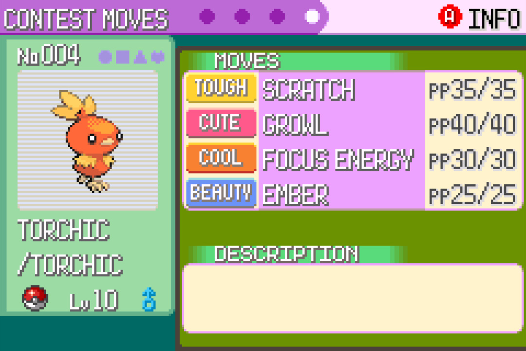 CONTEST MOVES — Torchic Lv 10's same four moves, but with Contest tags: TOUGH Scratch / CUTE Growl / COOL Focus Energy / BEAUTY Ember. Each move belongs to one of five contest categories
