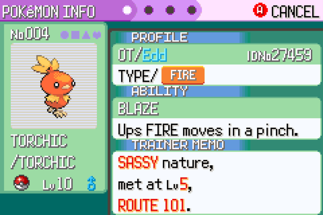 Pokémon Ruby/Sapphire/Emerald — Torchic info screen showing Type, Ability Blaze, and Sassy nature