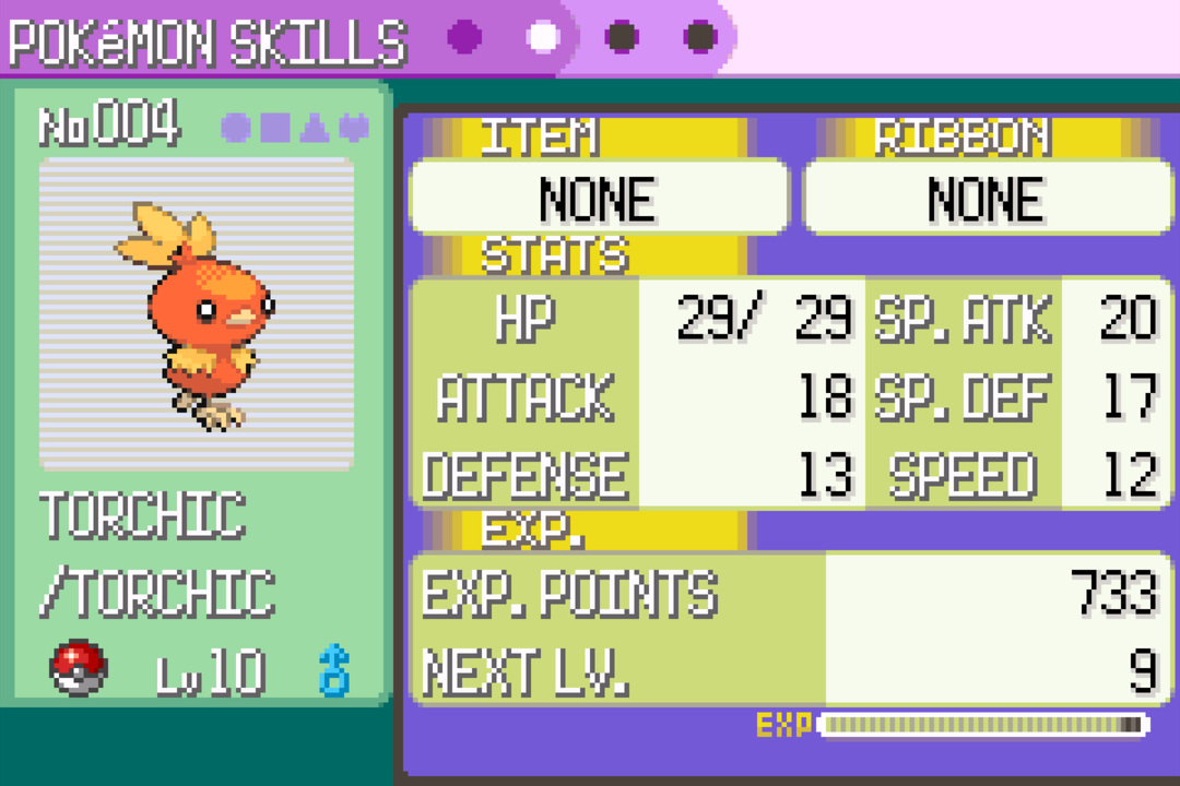 POKéMON SKILLS panel — Torchic Lv 10. ITEM: NONE / RIBBON: NONE. Stats: HP 29/29, ATTACK 18, DEFENSE 13, SP. ATK 20, SP. DEF 17, SPEED 12. EXP. POINTS 733, NEXT LV. 9