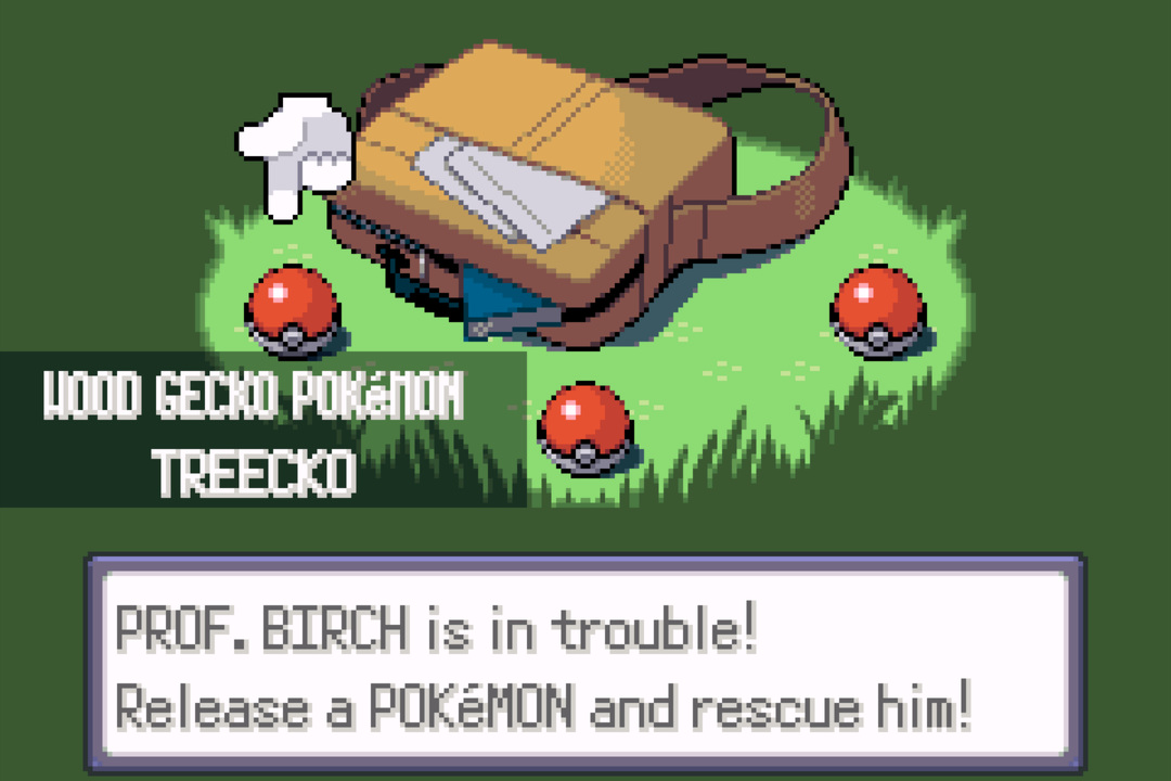 Starter Pokémon scene — Prof. Birch's bag in a grassy field, three Poké Balls visible, banner "WOOD GECKO POKéMON / TREECKO". Dialogue: "PROF. BIRCH is in trouble! / Release a POKéMON and rescue him!"