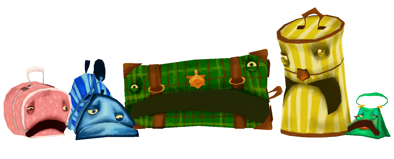 Five pieces of Emotional Baggage: a pink suitcase, a blue duffel, a green plaid trunk, a yellow hatbox, and a small green purse, all with sad faces
