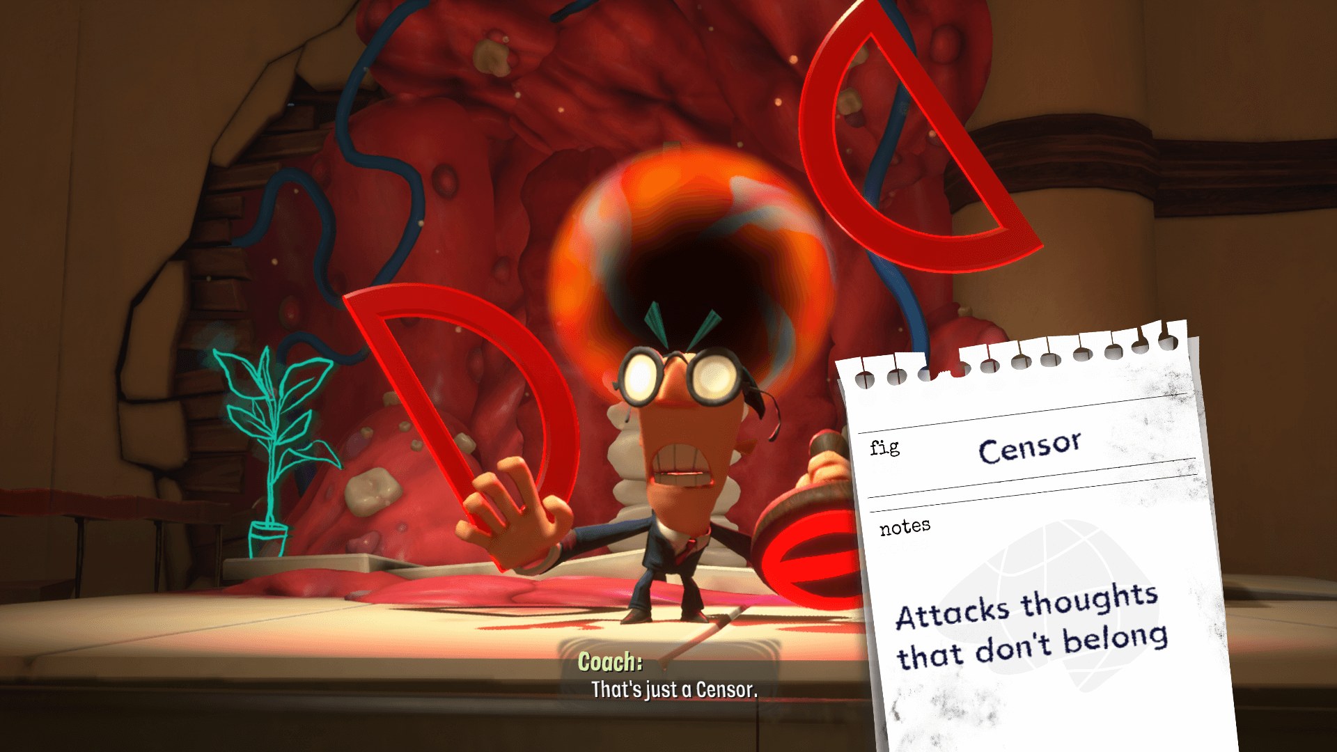 A Censor enemy mid-attack with the notepad identification card: "fig. Censor. notes: Attacks thoughts that don't belong"