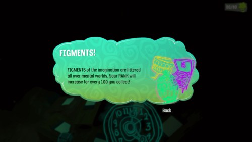 The in-game explainer popup: "FIGMENTS! FIGMENTS of the imagination are littered all over mental worlds. Your RANK will increase for every 100 you collect!"