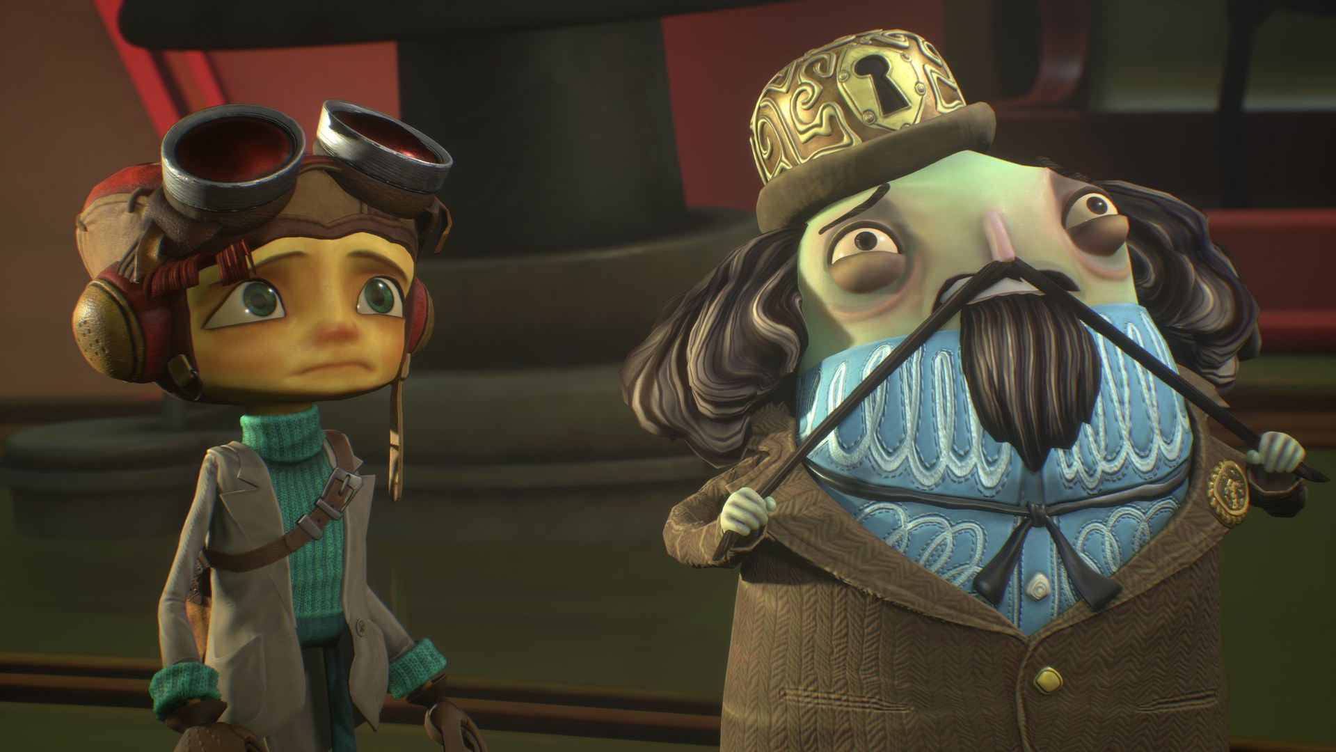 Loboto in a keyhole-crowned hat opening his coat, next to Raz