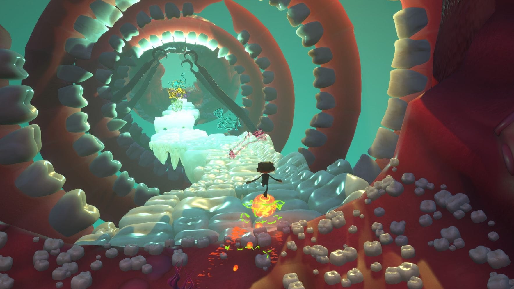 Loboto's Labyrinth: Raz running through a giant mouth of teeth and gums