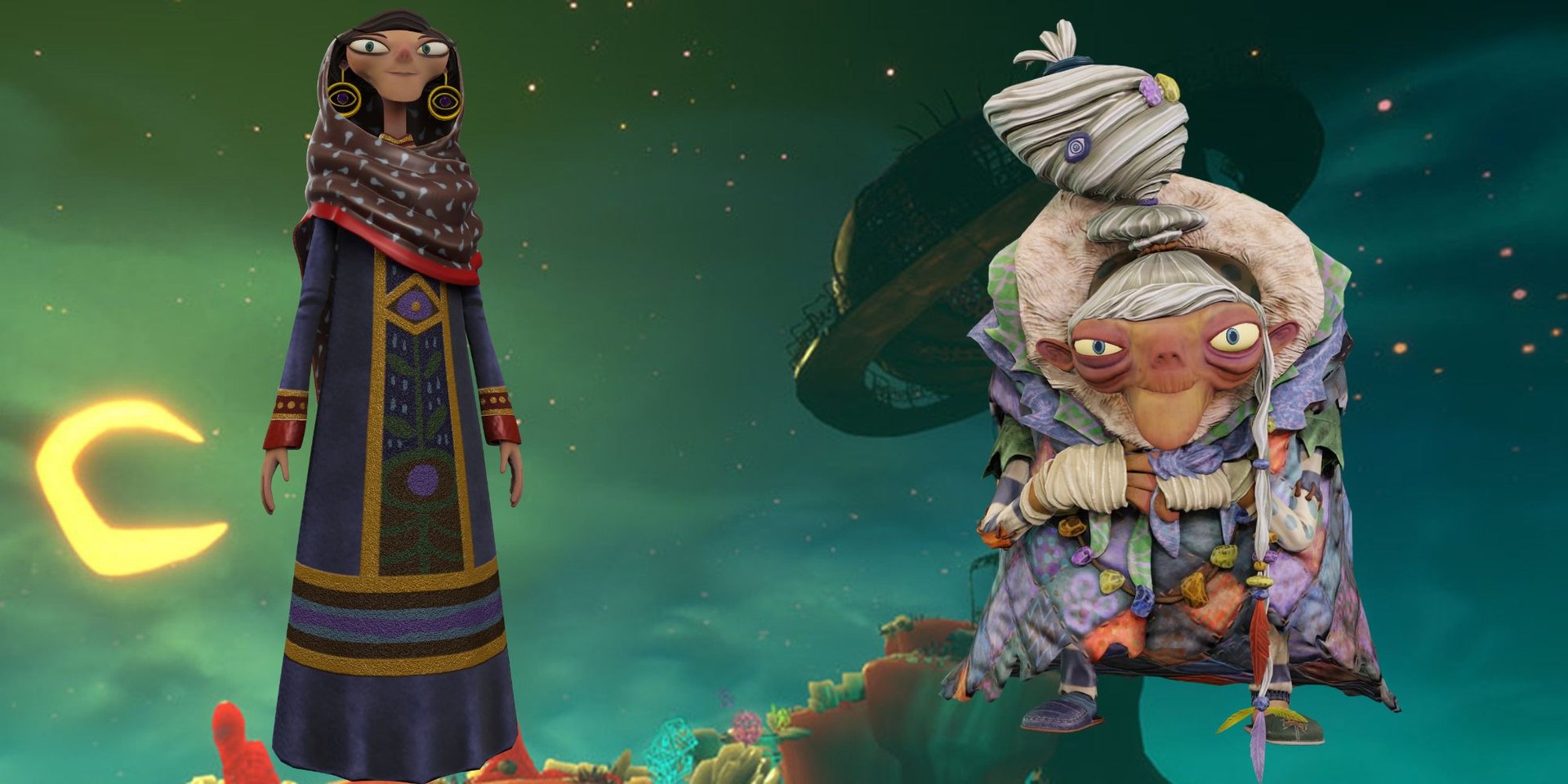 Lucrecia Mux and Nona, the same person in two identities, against a moonlit sky