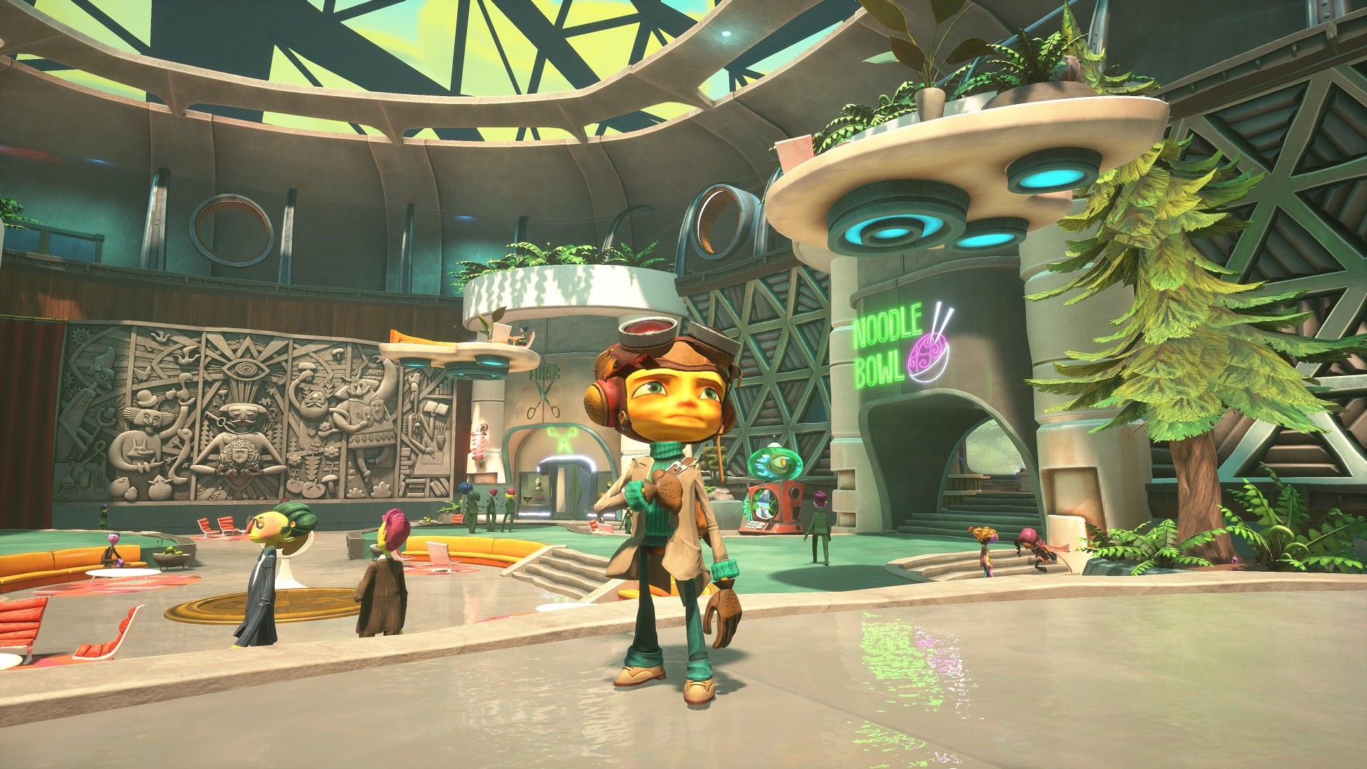 The Motherlobe lobby: Raz standing in a mid-century-modern atrium with a neon Noodle Bowl sign