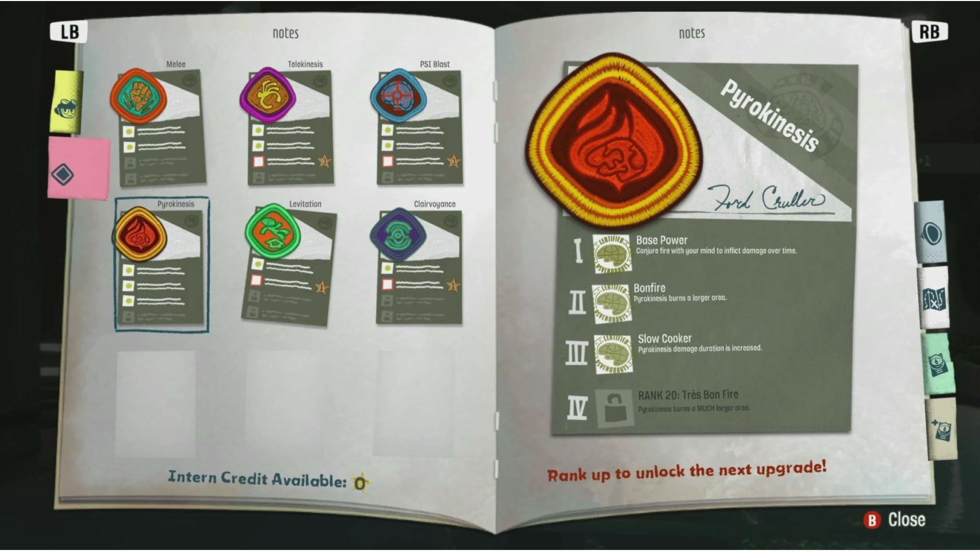 The PSI powers journal open on Pyrokinesis, showing its four upgrade ranks