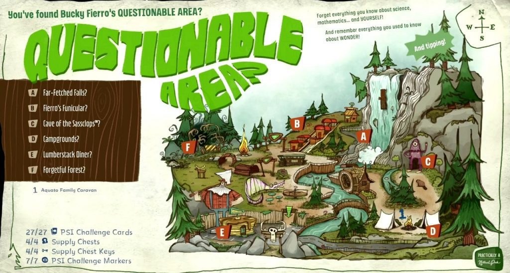 The illustrated map of the Questionable Area: a hand-drawn tourist-trap park with lettered locations